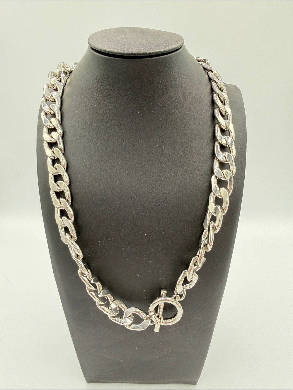 Polished Silver-Tone Curb Chain Necklace with Toggle Clasp